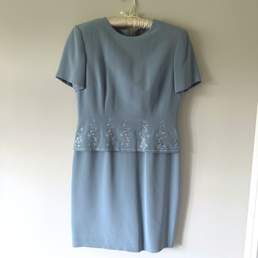 Talbots Pure Silk Embroidered Short Sleeve Sheath Dress Blue Size 8P VTG Classic